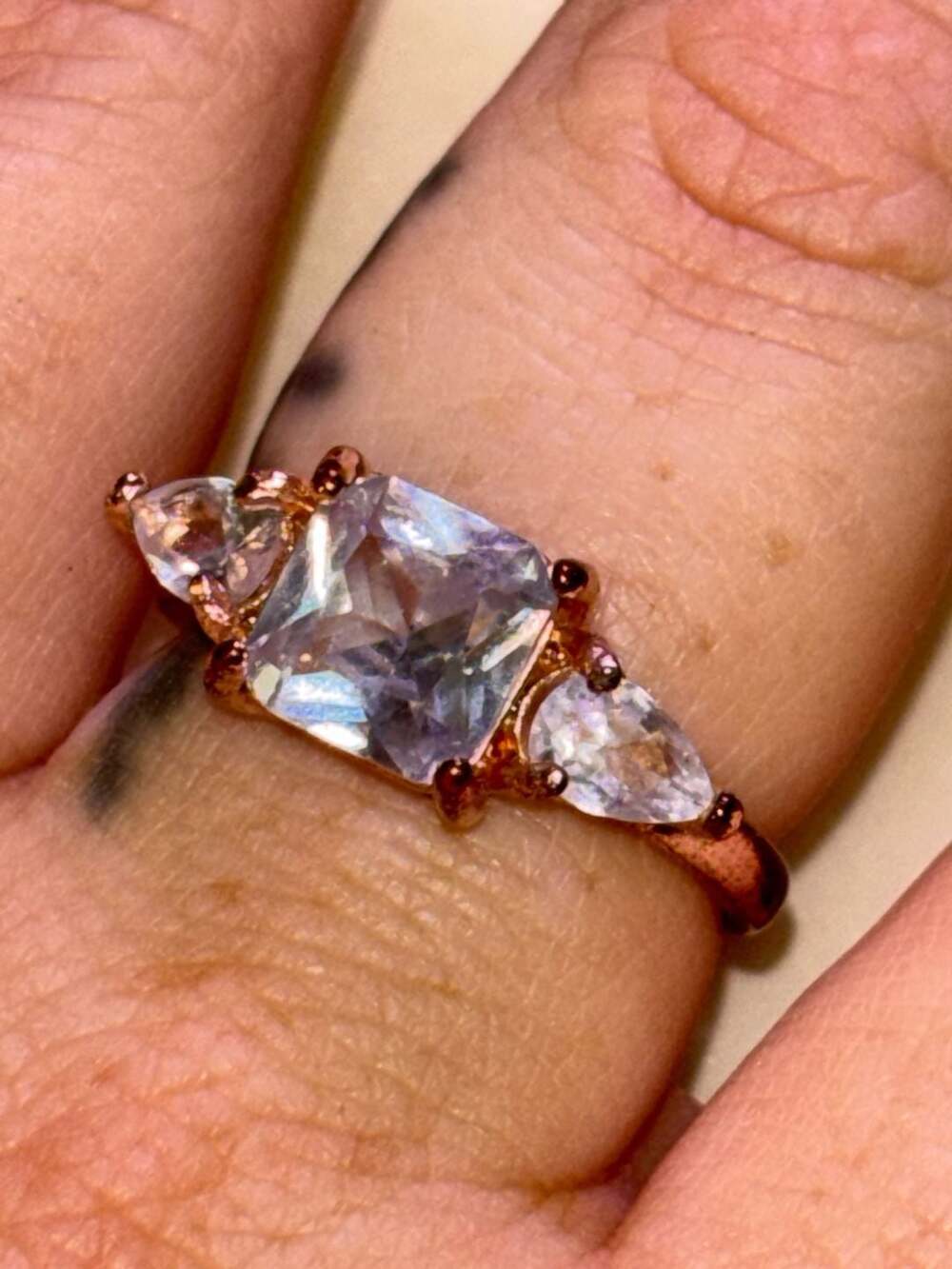 Three Stone Cushion Cut Simulated Aquamarine Ring in Rose Gold Tone